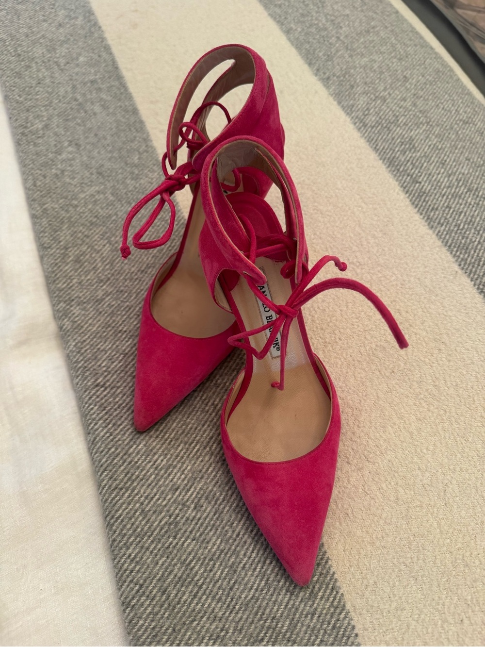 Manolo Blahnik Lace-Up Pointed Toe Heels in Bright Pink